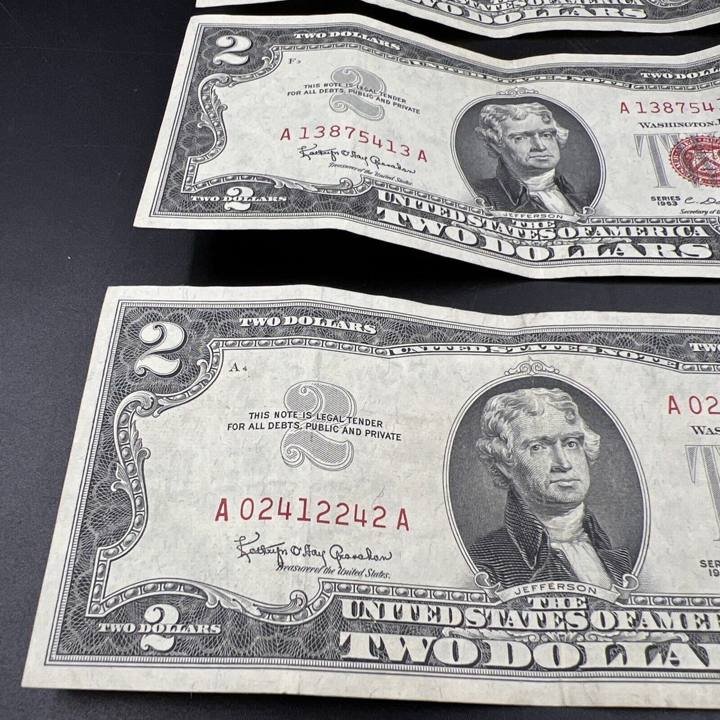 Lot of 5 1963 $2 Two Dollar Red Seal Legal Tender Banknotes VF Circ #242