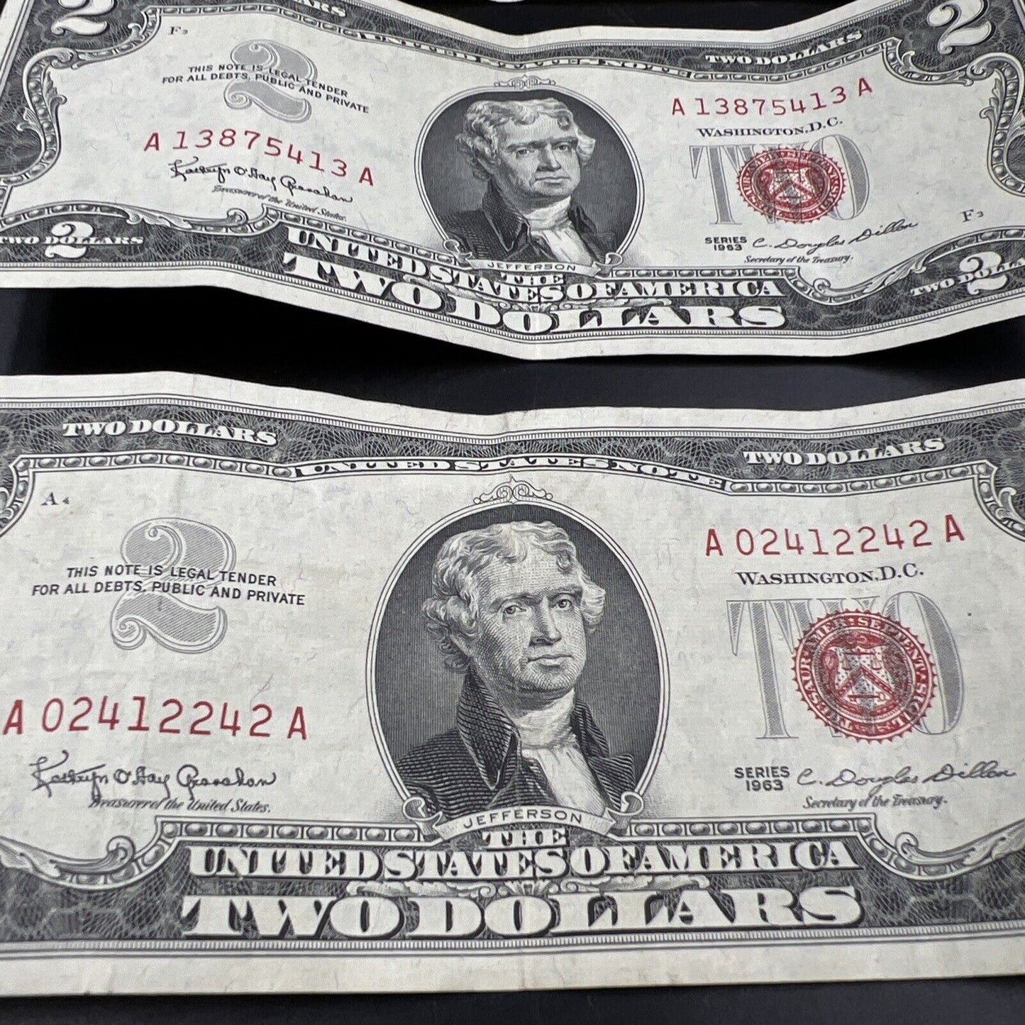 Lot of 5 1963 $2 Two Dollar Red Seal Legal Tender Banknotes VF Circ #242