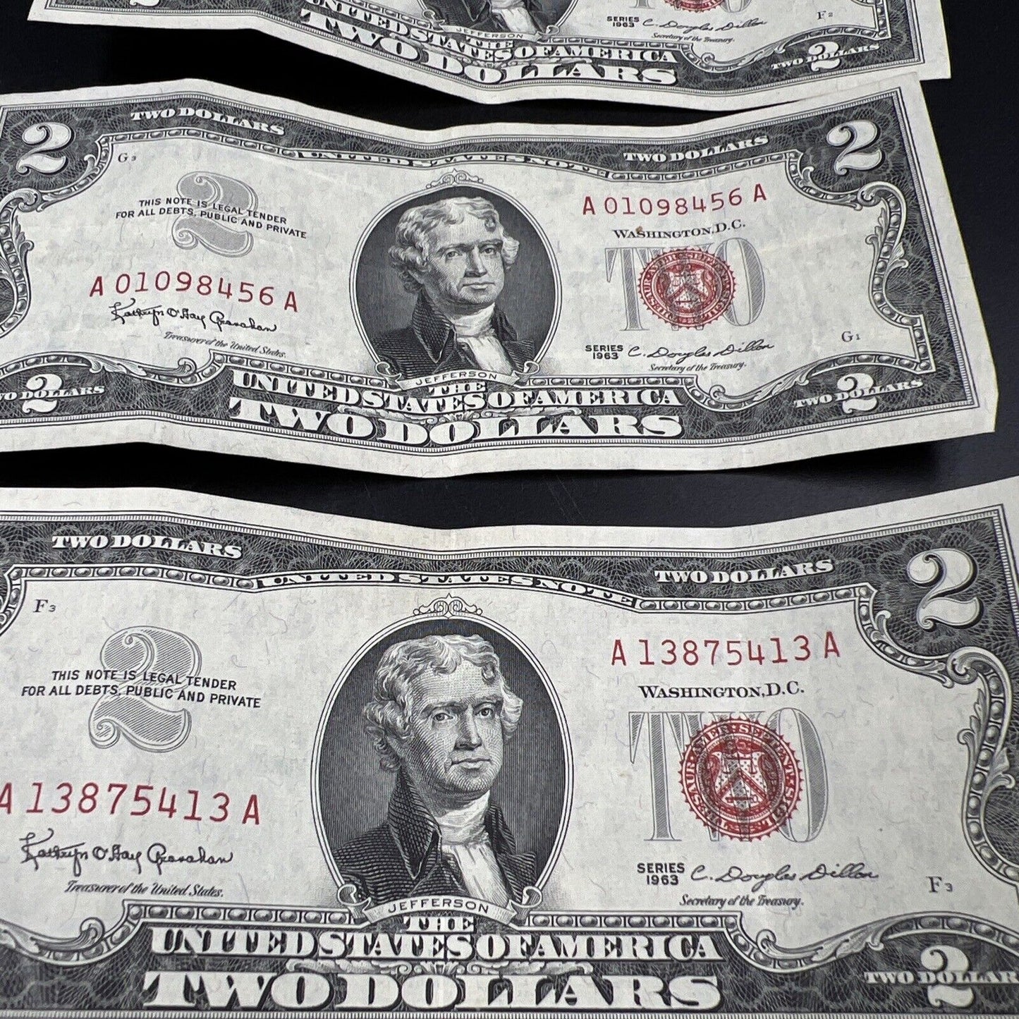 Lot of 5 1963 $2 Two Dollar Red Seal Legal Tender Banknotes VF Circ #242