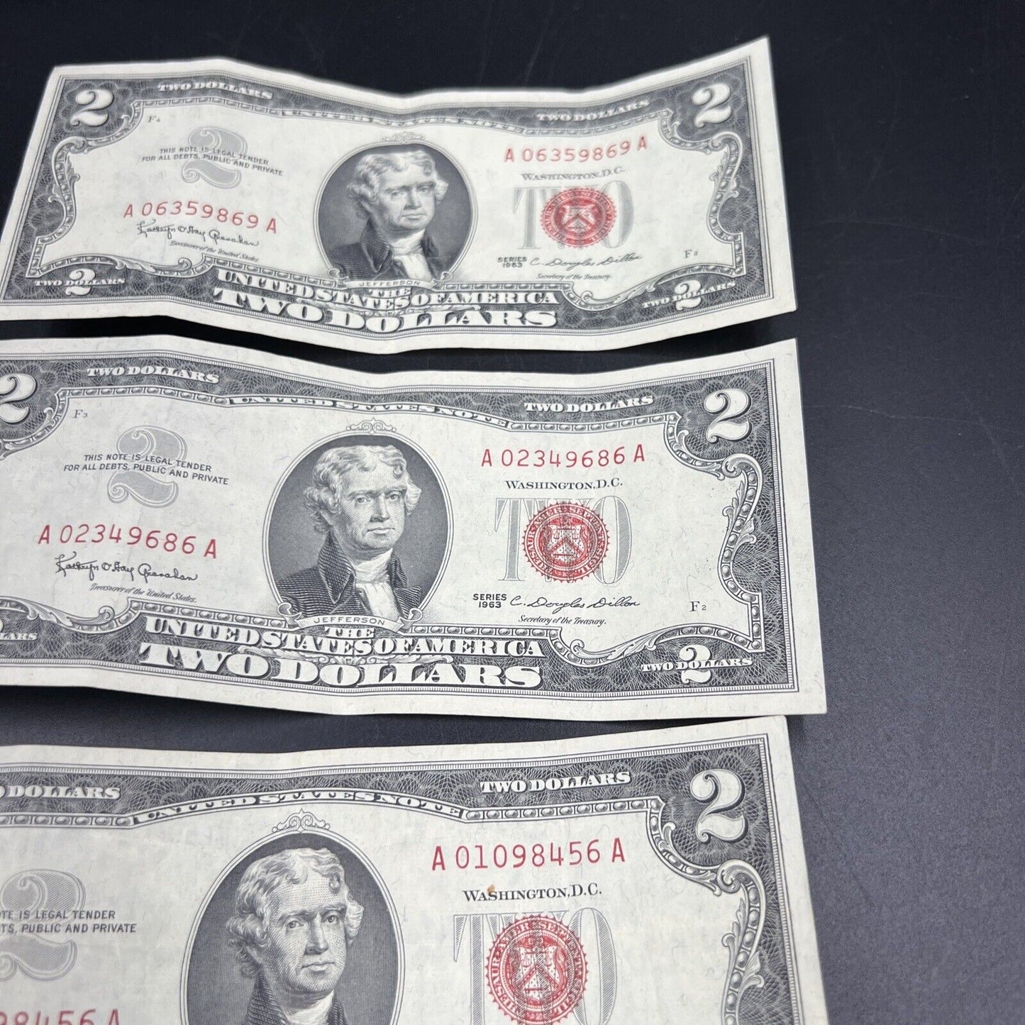 Lot of 5 1963 $2 Two Dollar Red Seal Legal Tender Banknotes VF Circ #242