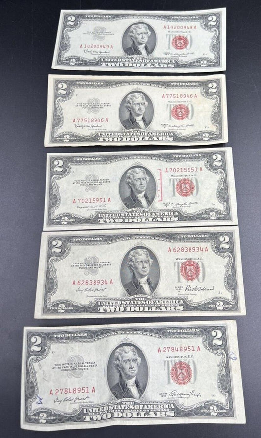 5 NOTE SET 1953 + ABC & 1963 $2 Red Seal Legal Tender Two Dollar Bill Fine / VF
