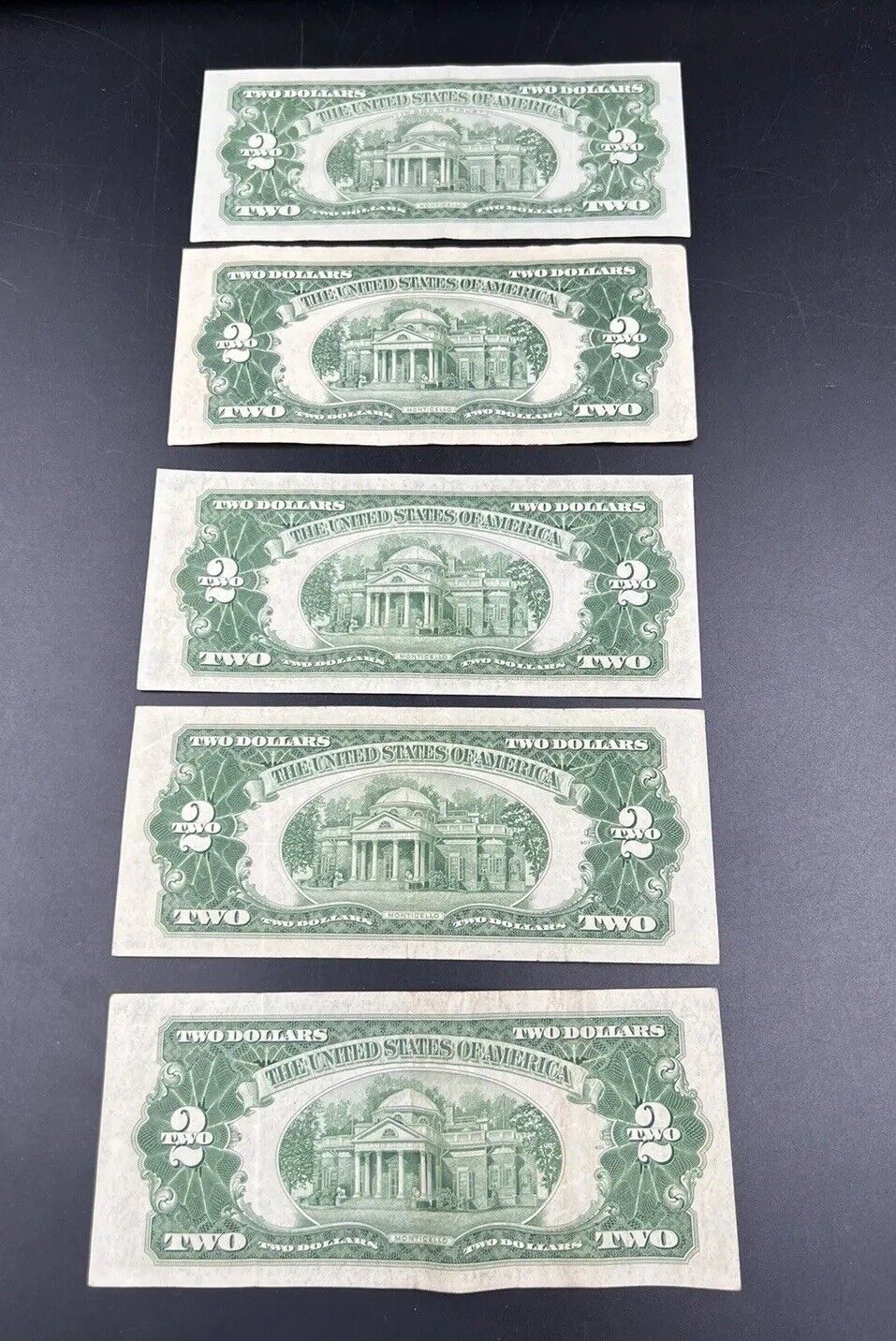 5 NOTE SET 1953 + ABC & 1963 $2 Red Seal Legal Tender Two Dollar Bill Fine / VF