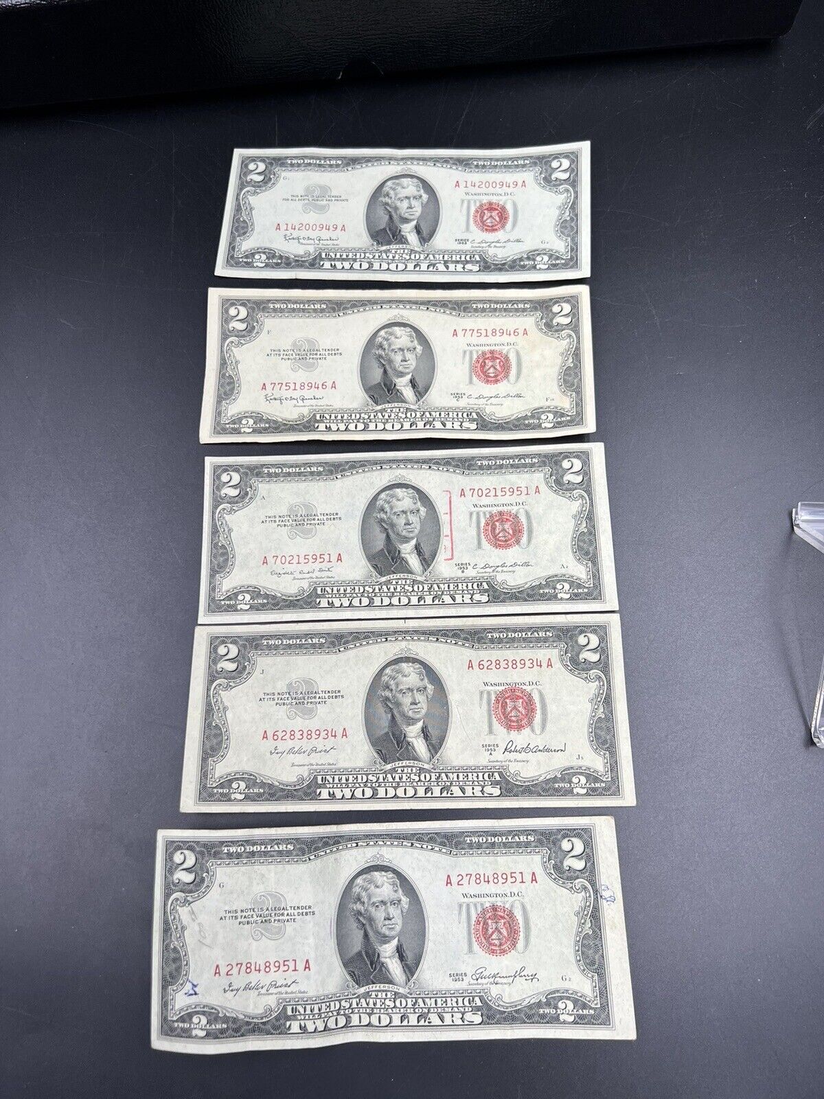 5 NOTE SET 1953 + ABC & 1963 $2 Red Seal Legal Tender Two Dollar Bill Fine / VF