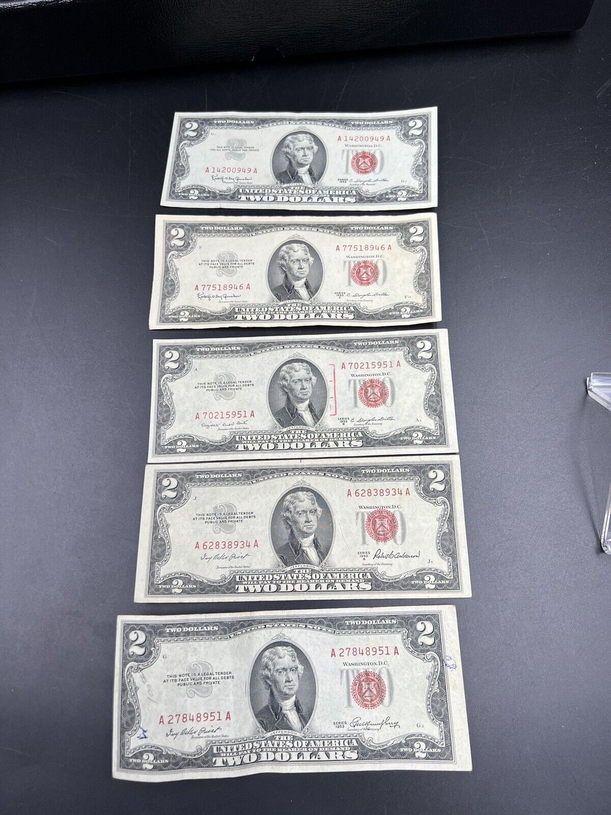 5 NOTE SET 1953 + ABC & 1963 $2 Red Seal Legal Tender Two Dollar Bill Fine / VF