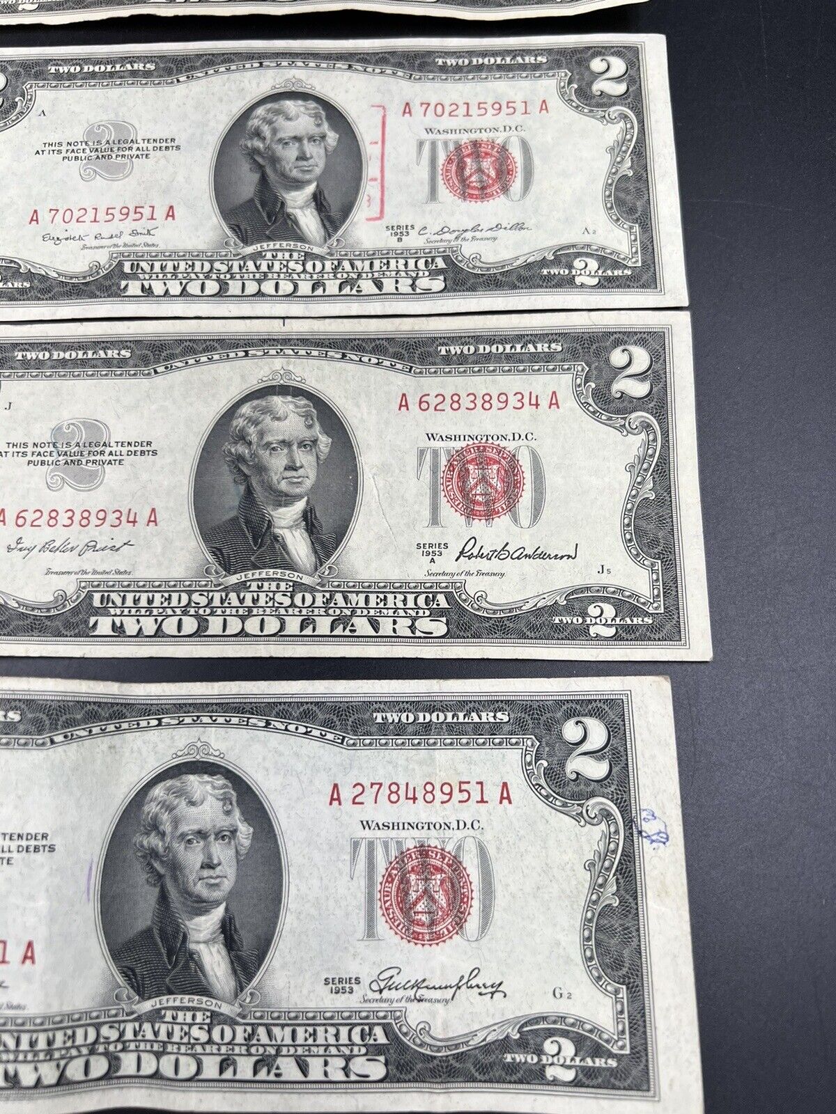 5 NOTE SET 1953 + ABC & 1963 $2 Red Seal Legal Tender Two Dollar Bill Fine / VF