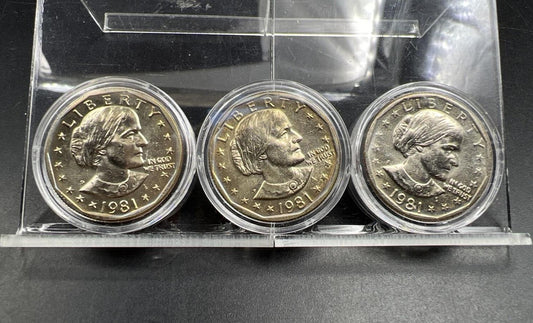 3 Coin SET 1981 P D & S $1 BU SBA Susan B Anthony Dollar Coin UNC in Capsules