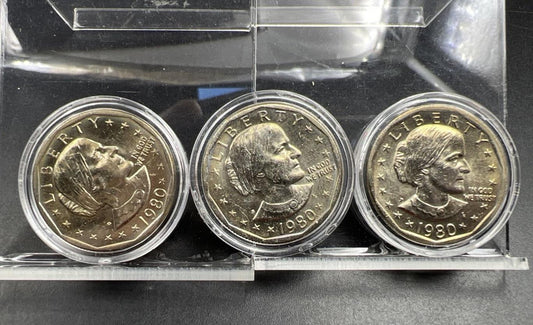 3 Coin Set $1 BU SBA 1980 PDS Dollar Susan B Anthony Coins CH UNC in Capsules