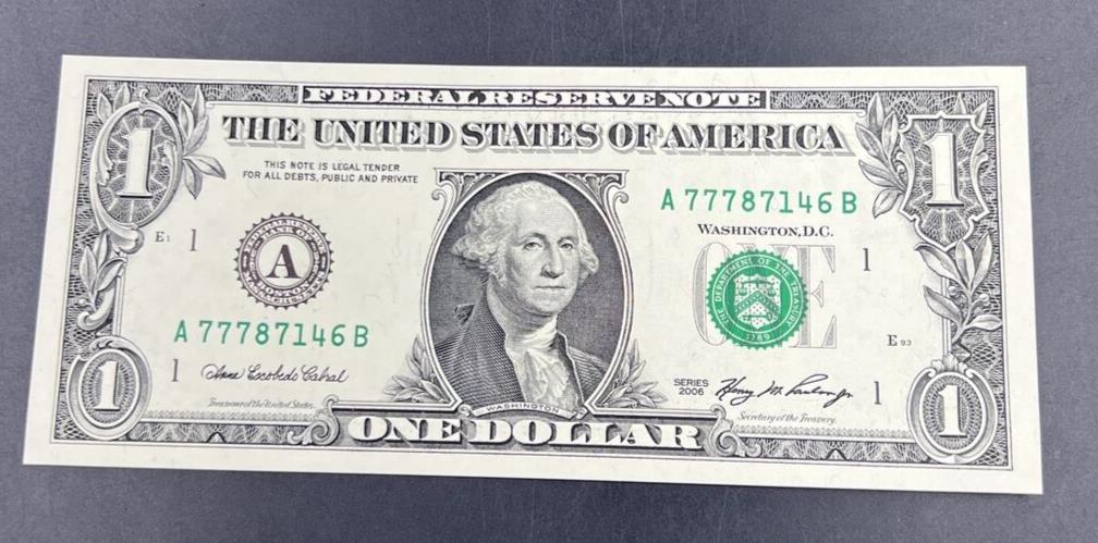 2006 $1 One Dollar FRN Federal Reserve Note Fancy Serial Number #777 UNC