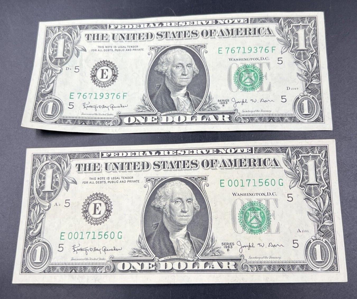 Lot of 2 1963 B $1 Barr Series Federal Reserve Note Bills Green Seal CH XF / AU
