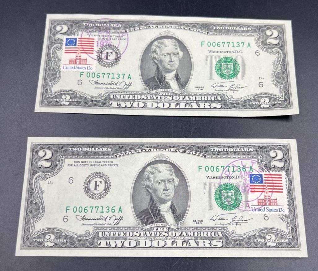 2 Consecutive 1976 Two Dollar FRN Note Postal Bicentennial Bill CH UNC Dalton GA