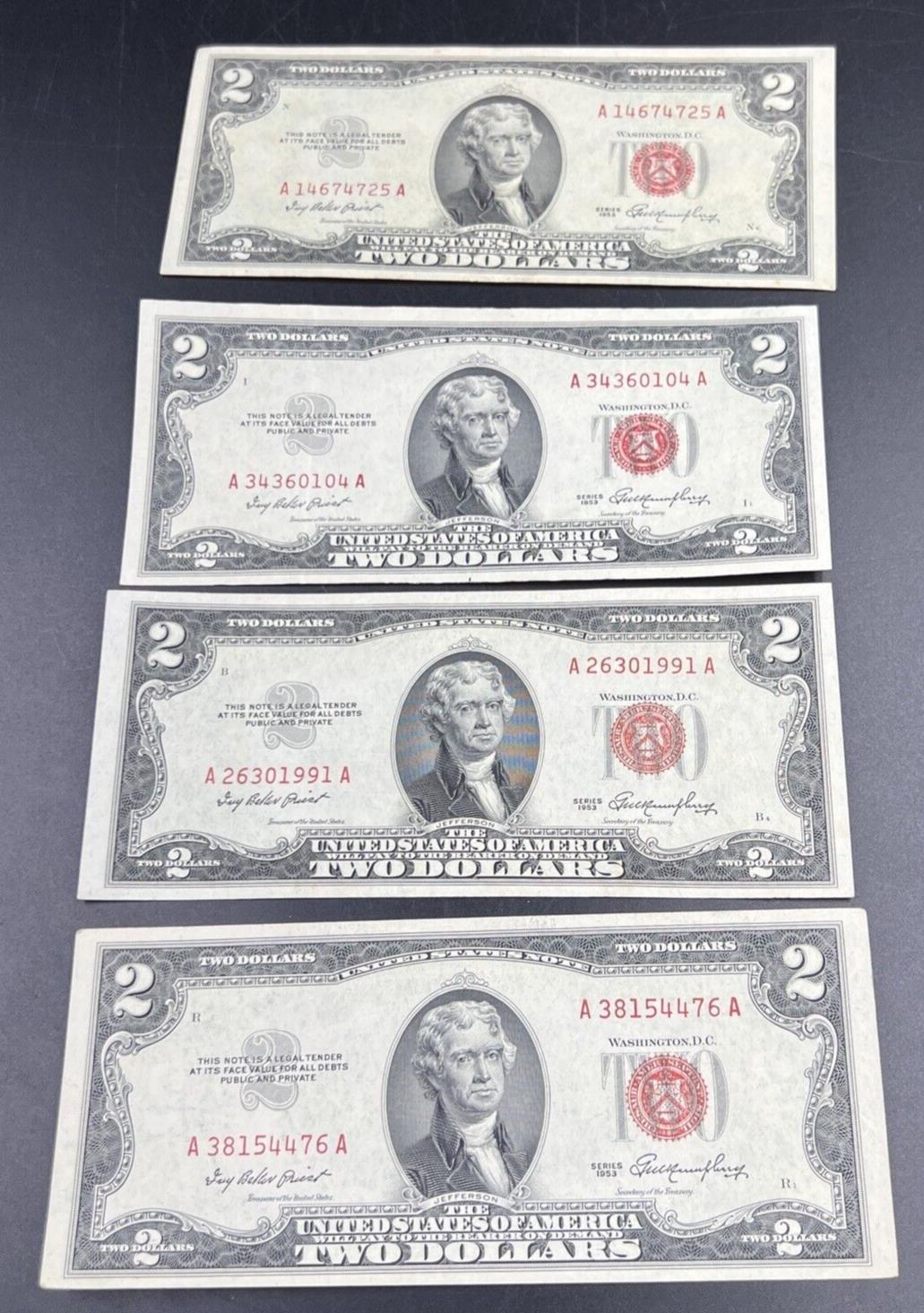 Lot of 4 1953 $2 Two Dollar Red Seal Legal Tender Banknotes XF EF ++ Circ #476
