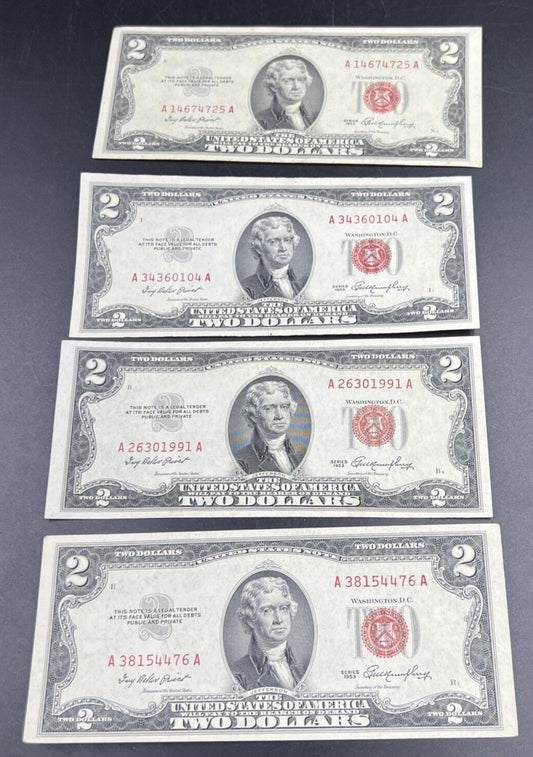 Lot of 4 1953 $2 Two Dollar Red Seal Legal Tender Banknotes XF EF ++ Circ #476