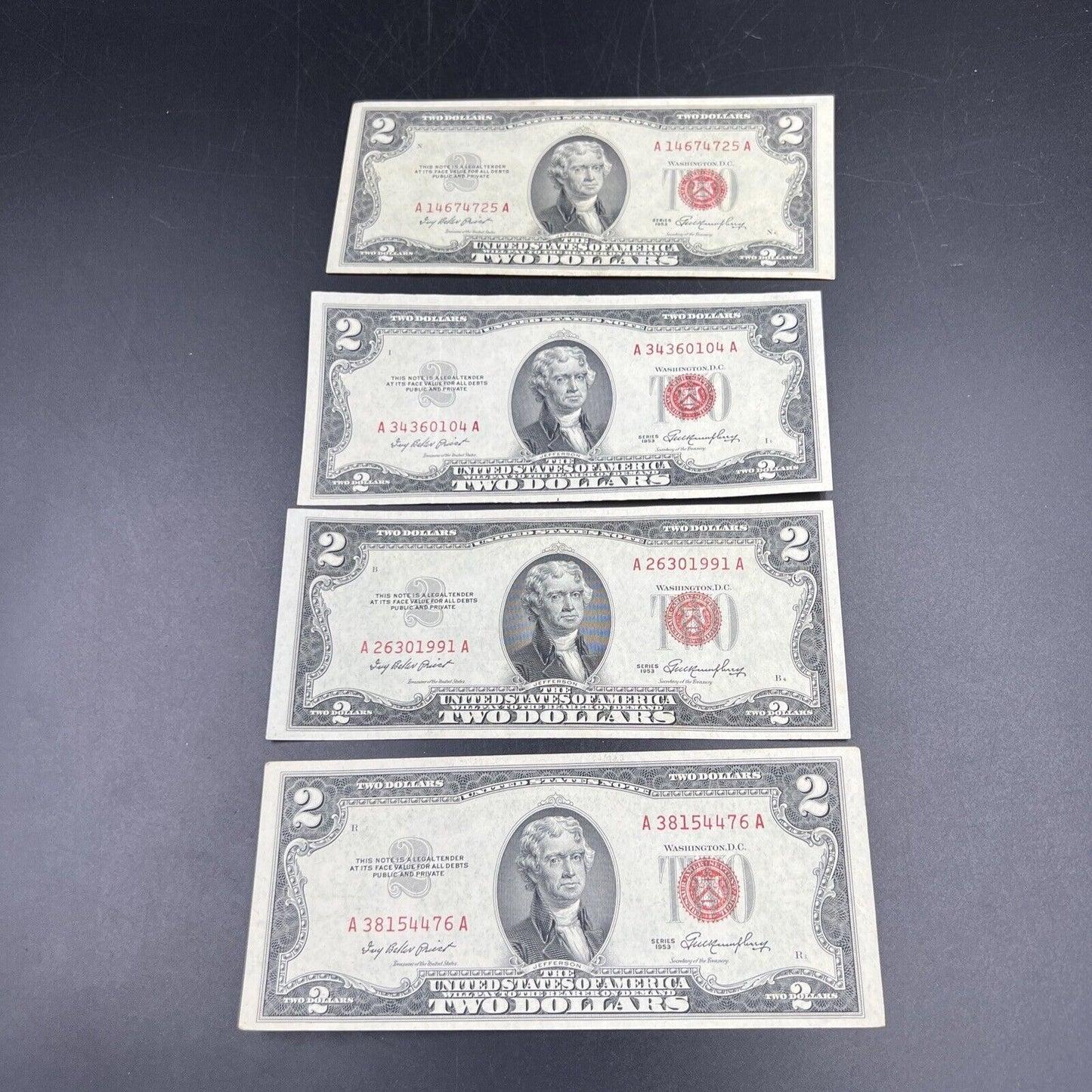 Lot of 4 1953 $2 Two Dollar Red Seal Legal Tender Banknotes XF EF ++ Circ #476