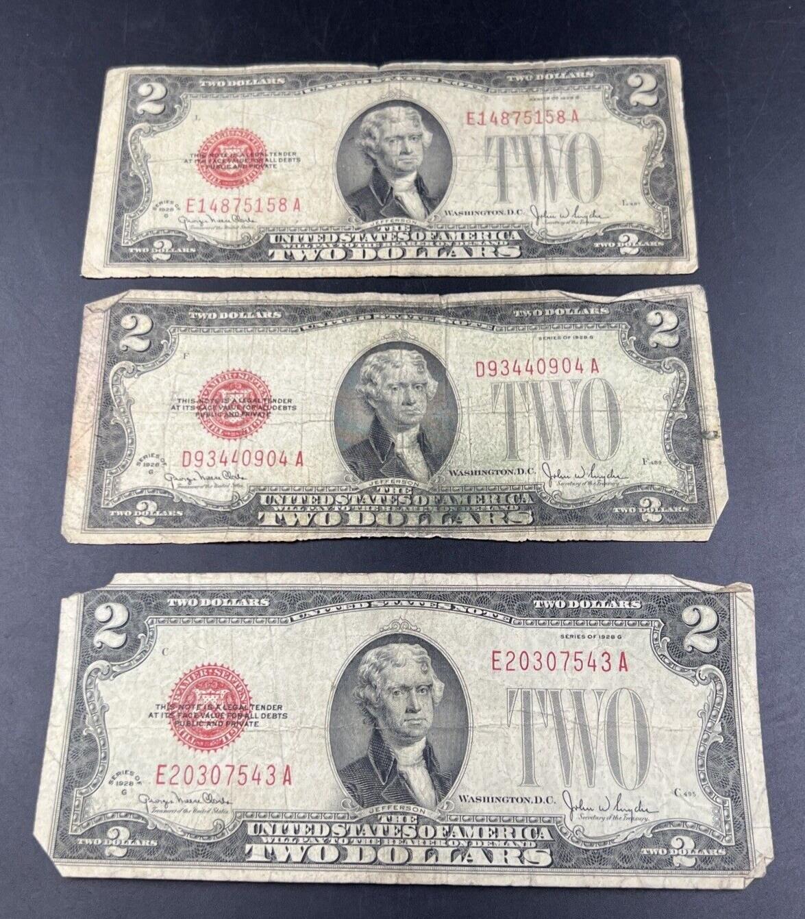Lot of 3 1928 $2 Legal Tender Note Bills Red Seal Cull Very Circulated #543