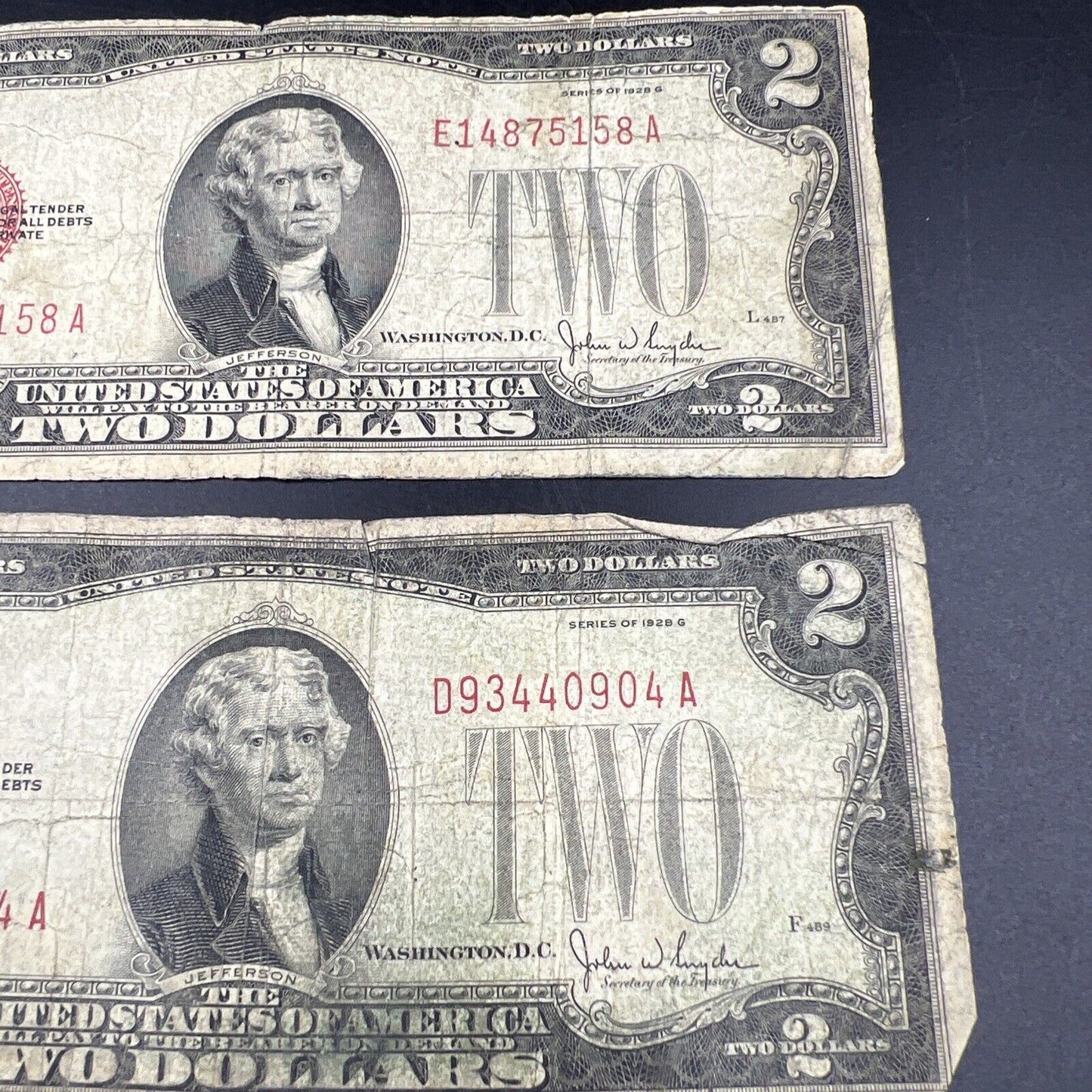 Lot of 3 1928 $2 Legal Tender Note Bills Red Seal Cull Very Circulated #543