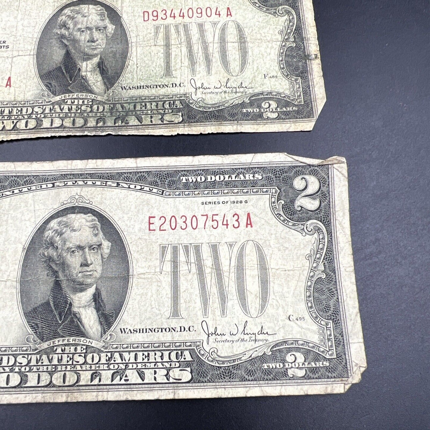 Lot of 3 1928 $2 Legal Tender Note Bills Red Seal Cull Very Circulated #543