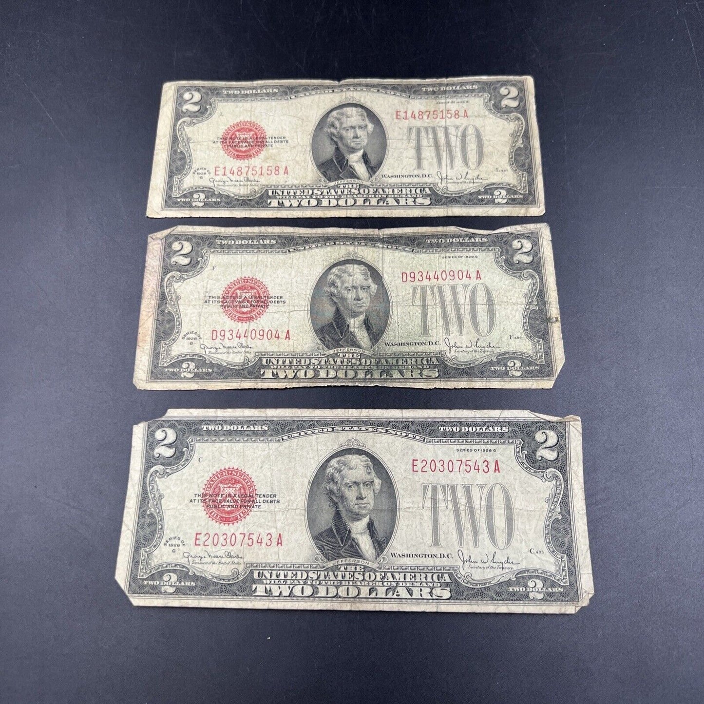 Lot of 3 1928 $2 Legal Tender Note Bills Red Seal Cull Very Circulated #543