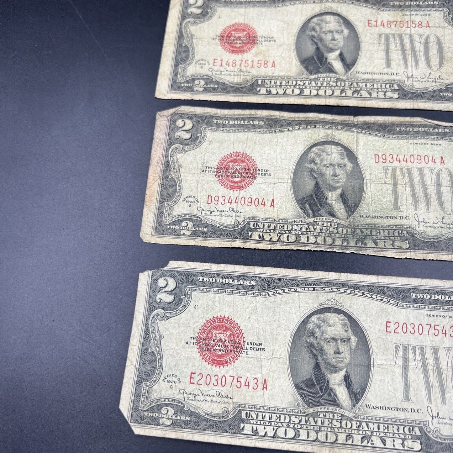 Lot of 3 1928 $2 Legal Tender Note Bills Red Seal Cull Very Circulated #543