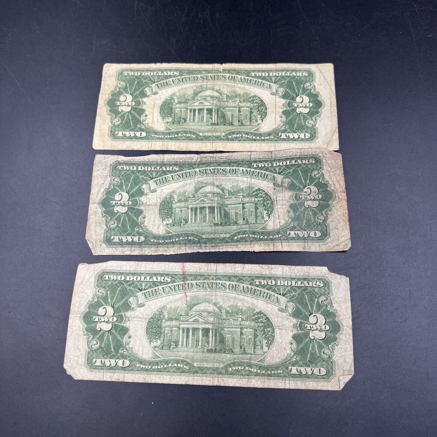 Lot of 3 1928 $2 Legal Tender Note Bills Red Seal Cull Very Circulated #543