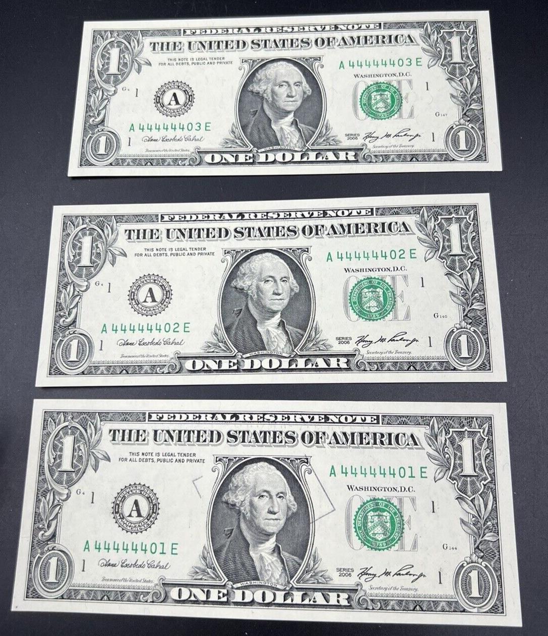 3 Consecutive 2006 $1 FRN SIXTUPLE REPEATER Serial Numbers 44444401-3 CH UNC