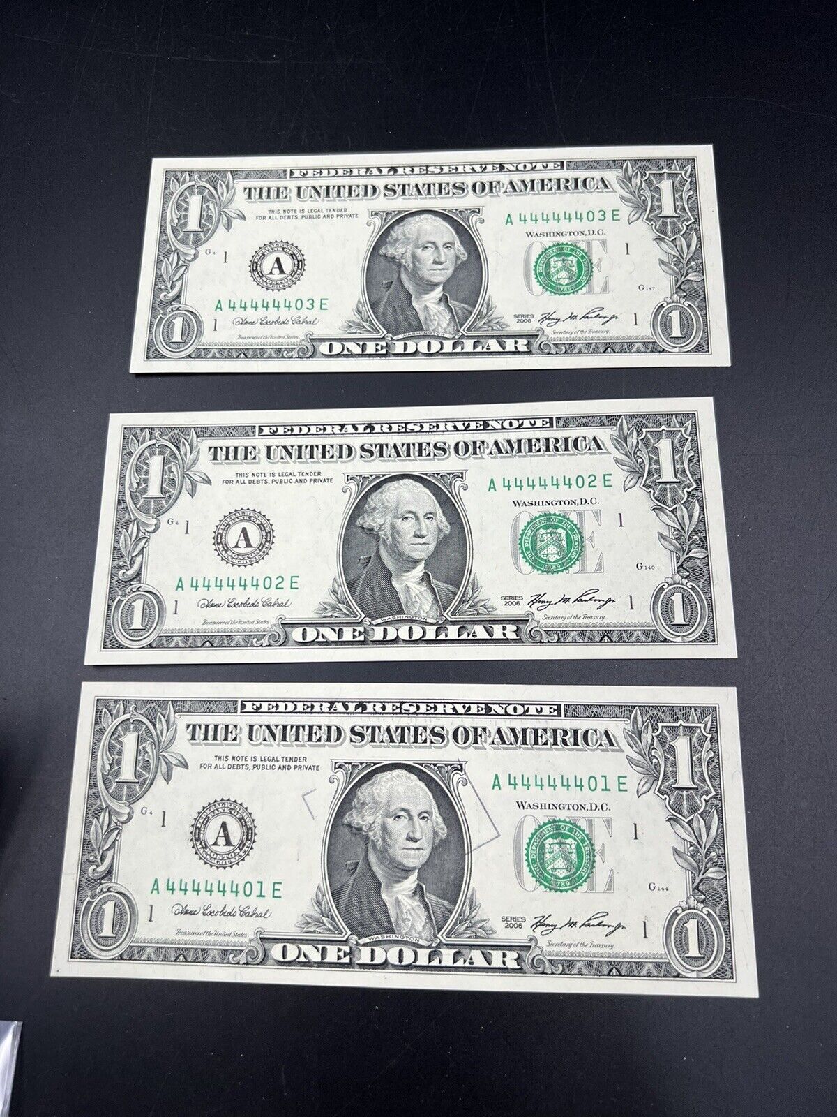 3 Consecutive 2006 $1 FRN SIXTUPLE REPEATER Serial Numbers 44444401-3 CH UNC