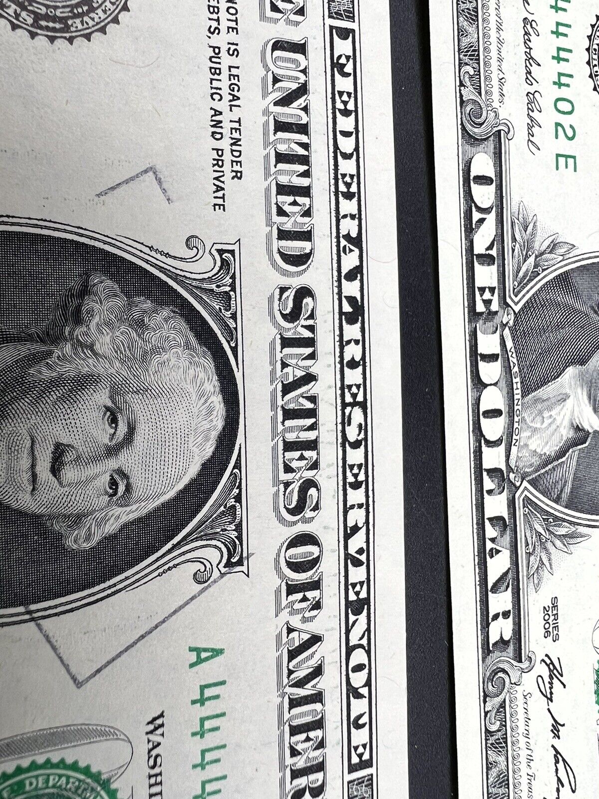 3 Consecutive 2006 $1 FRN SIXTUPLE REPEATER Serial Numbers 44444401-3 CH UNC