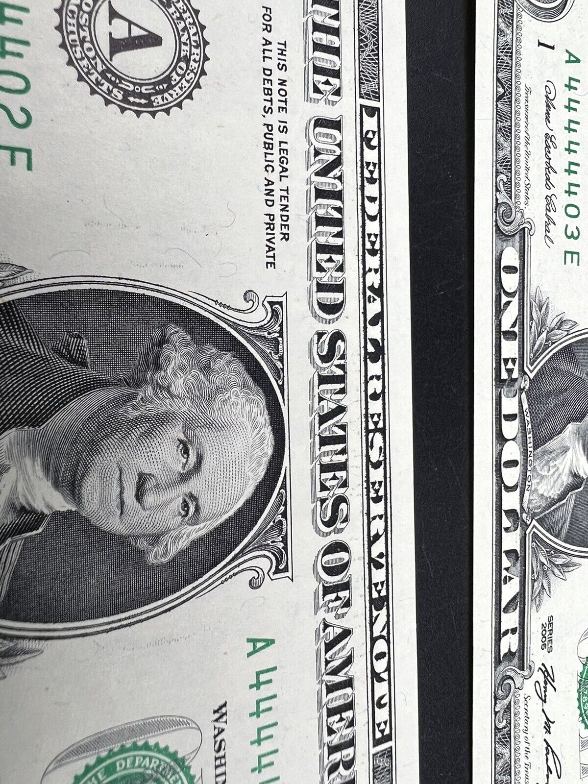 3 Consecutive 2006 $1 FRN SIXTUPLE REPEATER Serial Numbers 44444401-3 CH UNC