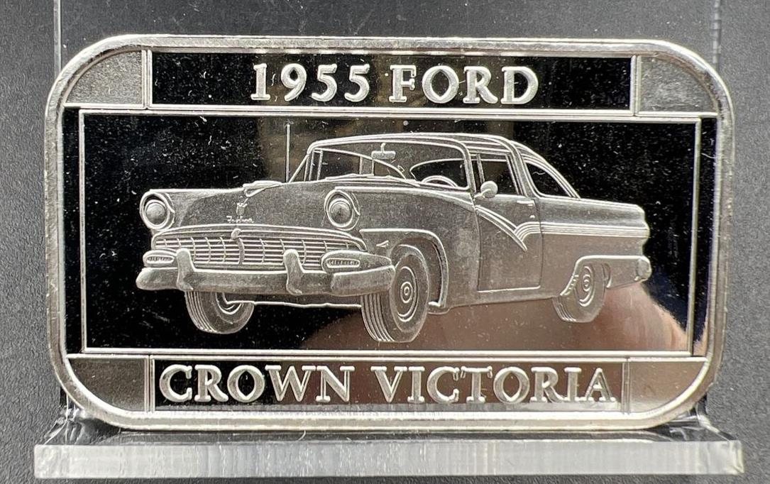1955 Ford Crown Victoria Classic Sedan Car 1 oz Silver Art Bar BU Choice UNC