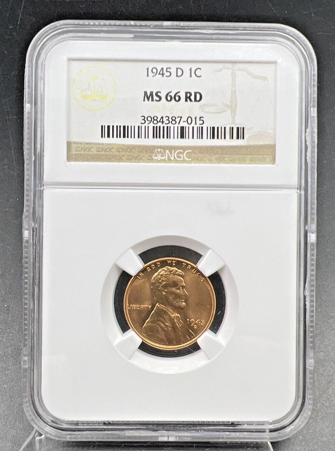 1945 D 1c Lincoln Wheat Cent Penny Coin MS66 RD NGC Gem BU