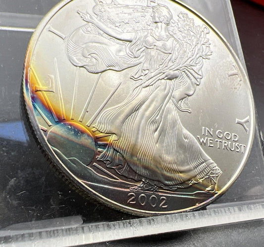 2002 1 Oz .999 American Silver Eagle ASE Coin GEM BU PQ Toning Obverse Toner