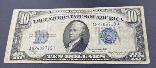 1934 A $10 Ten Dollar Blue Seal Silver Certificate Note Bill CH Fine / VF