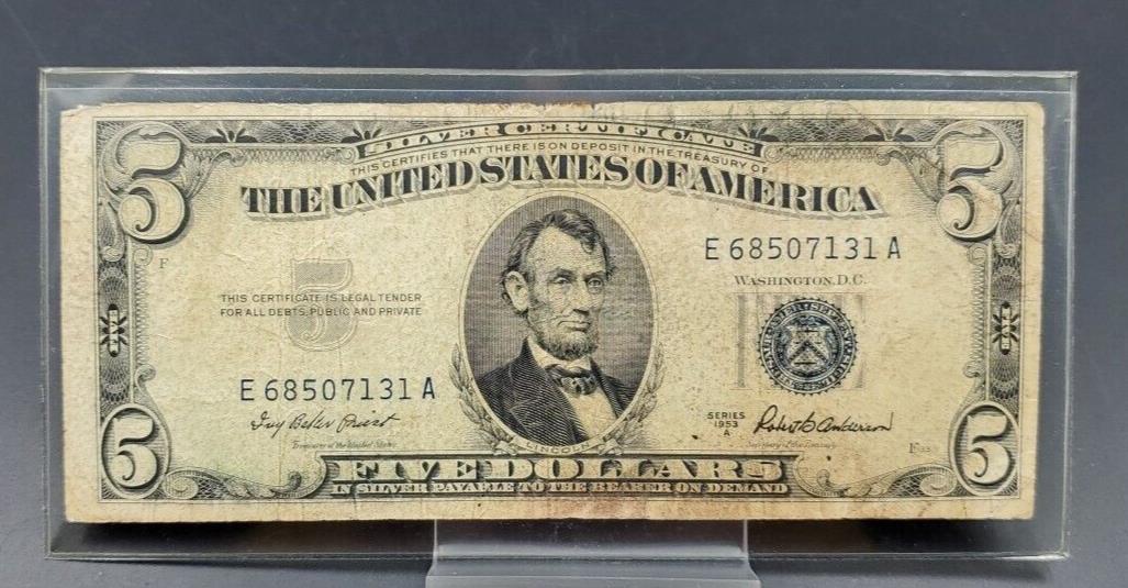 1953 A $5 Silver Certificate Blue Seal US Currency Bill Circ VG #131