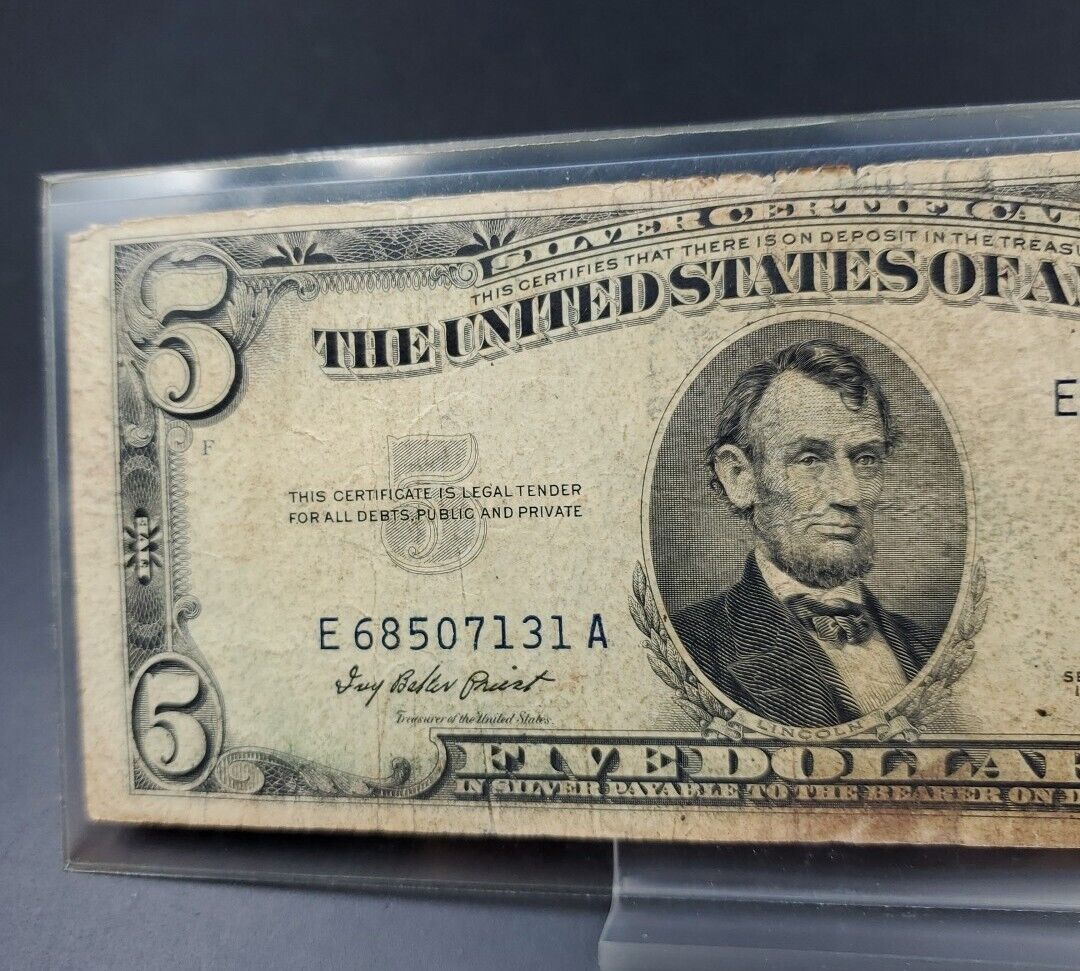 1953 A $5 Silver Certificate Blue Seal US Currency Bill Circ VG #131