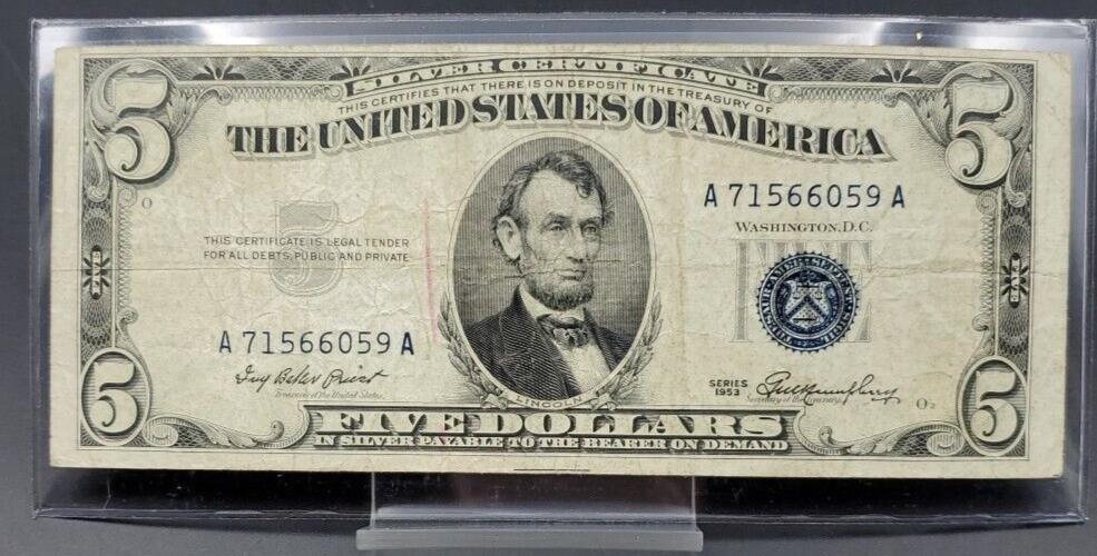 1953 $5 Silver Certificate Blue Seal US Currency Bill Circ Fine #059
