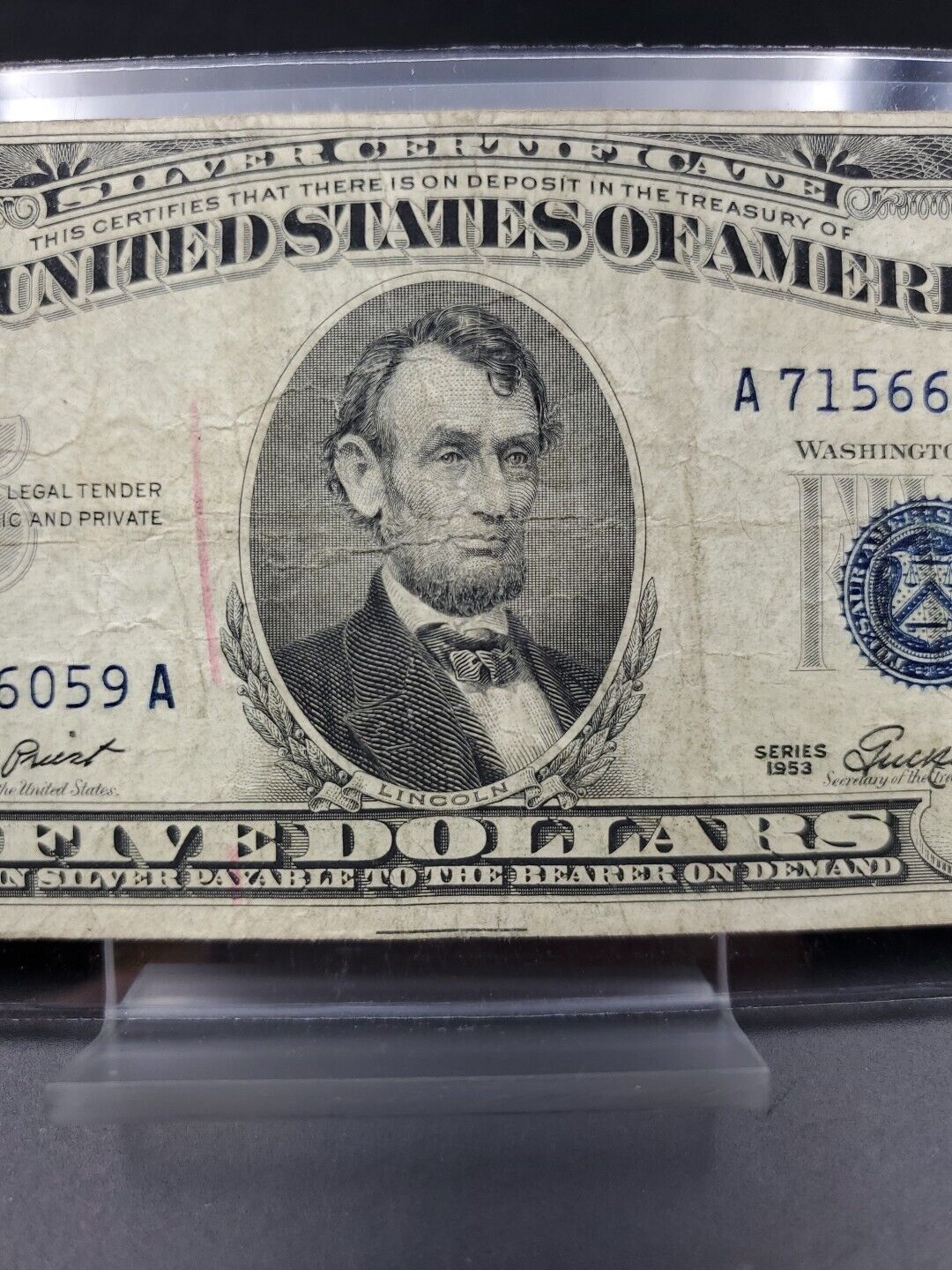 1953 $5 Silver Certificate Blue Seal US Currency Bill Circ Fine #059