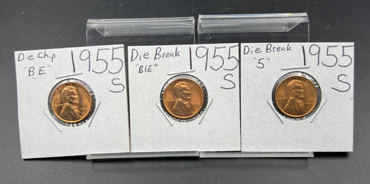 Lot of 3 1955 S 1c Lincoln Wheat Cent Coins w/ Die Chip Errors CH BU UNC #A