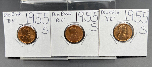 Lot of 3 1955 S 1c Lincoln Wheat Cent Coins w/ Die Chip Errors CH BU UNC #B