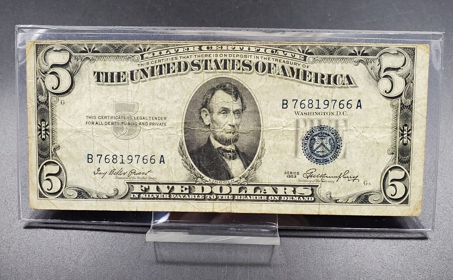 1953 $5 Silver Certificate Blue Seal US Currency Bill Off Center OBV Mule Note