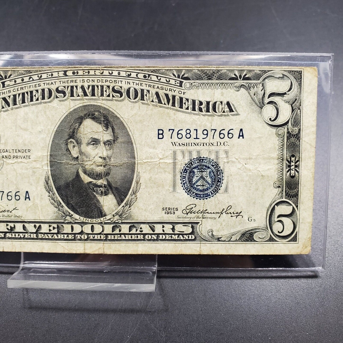 1953 $5 Silver Certificate Blue Seal US Currency Bill Off Center OBV Mule Note