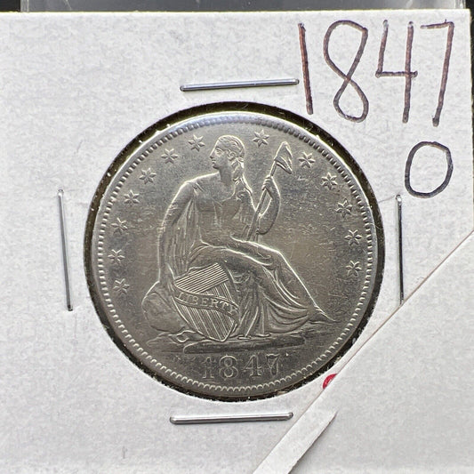 1847 O Seated Liberty 50c XF Details Struck Thru Obverse & Cudd Rev Error Coin