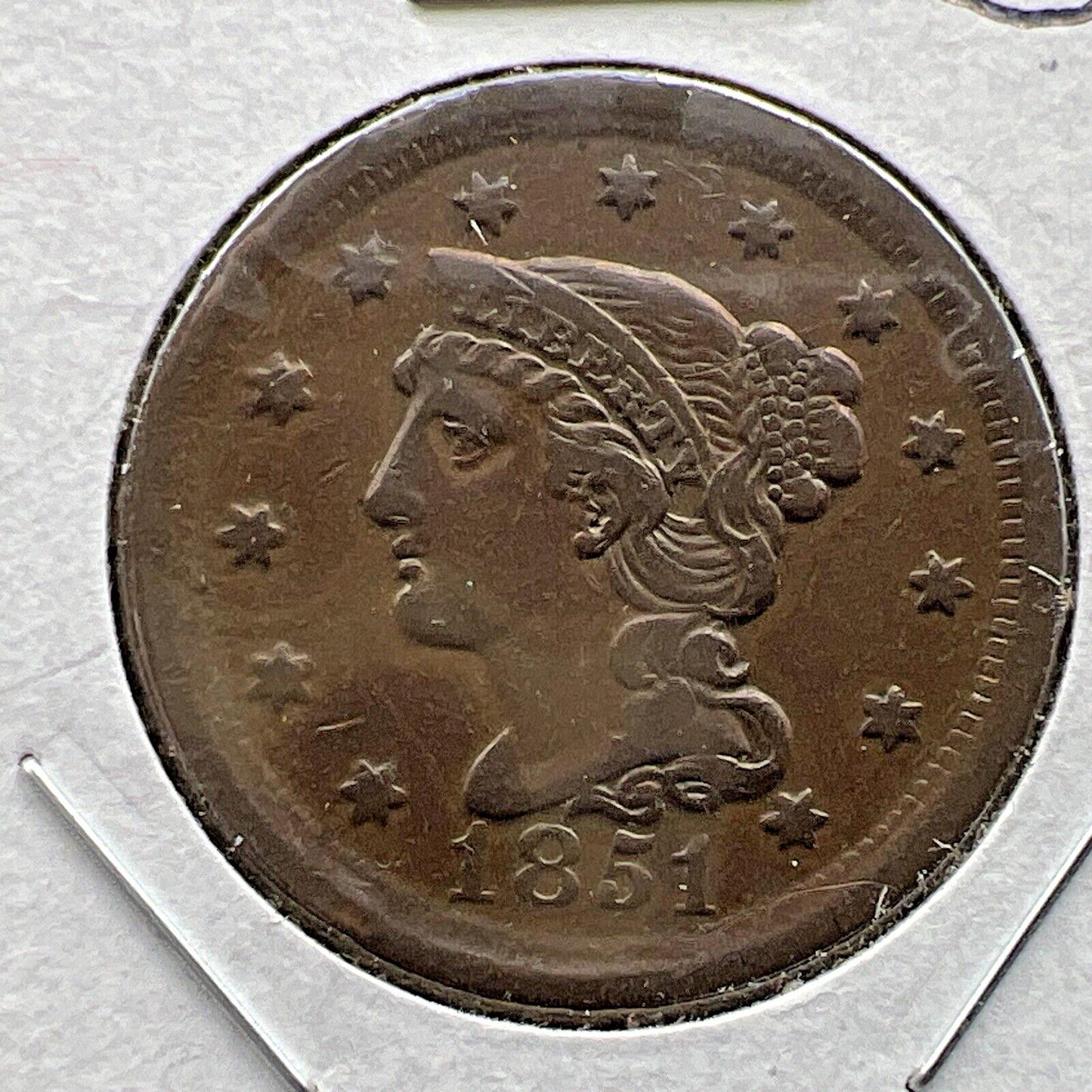 1851 1c Braided Hair Large Cent Coin OBV Struck Thru Grease Error XF EF Details