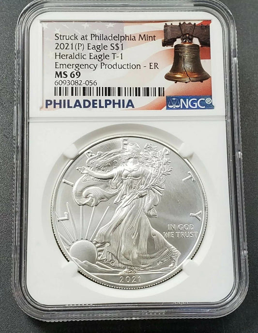 2021 P 1 oz ASE American Silver Eagle NGC MS69 Emergency Production Liberty Bell