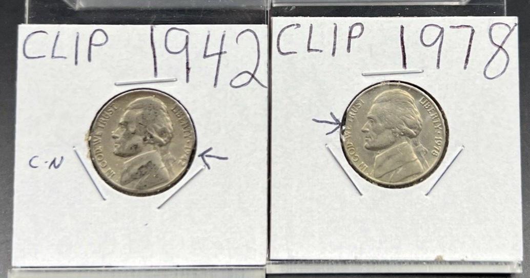 Lot of 2 Jefferson Nickels with Clipped Planchet Error 1942 & 1978 VF Circ