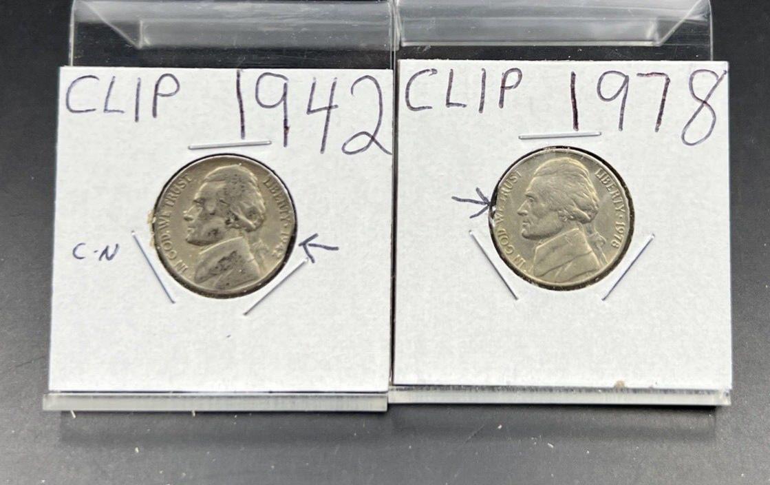 Lot of 2 Jefferson Nickels with Clipped Planchet Error 1942 & 1978 VF Circ