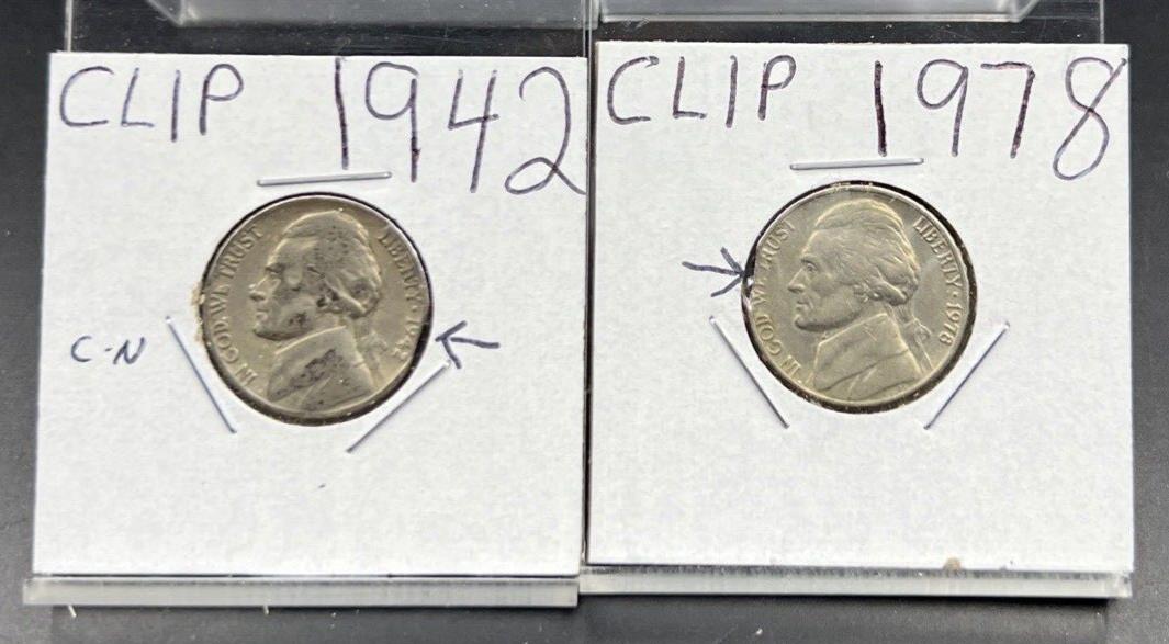 Lot of 2 Jefferson Nickels with Clipped Planchet Error 1942 & 1978 VF Circ