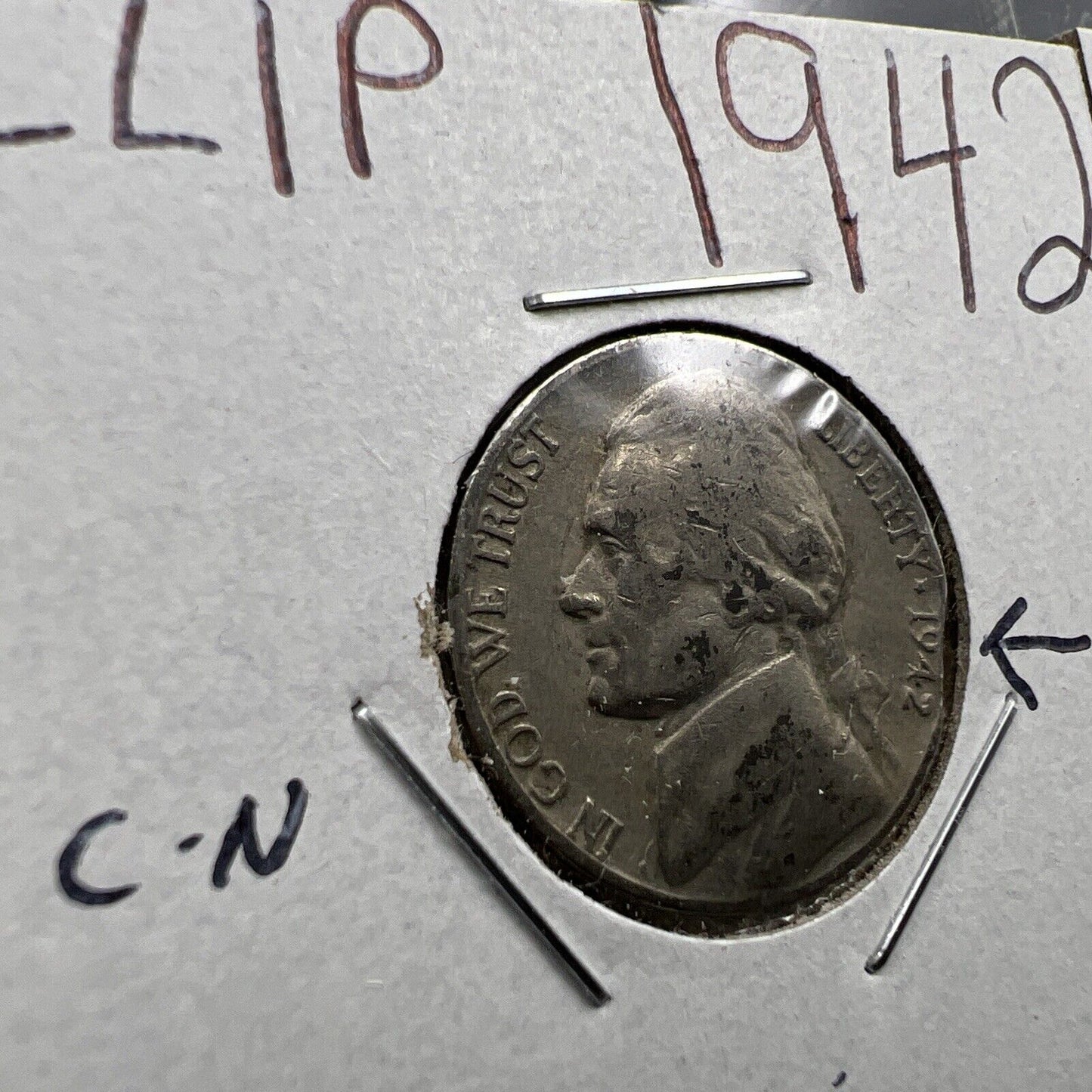Lot of 2 Jefferson Nickels with Clipped Planchet Error 1942 & 1978 VF Circ