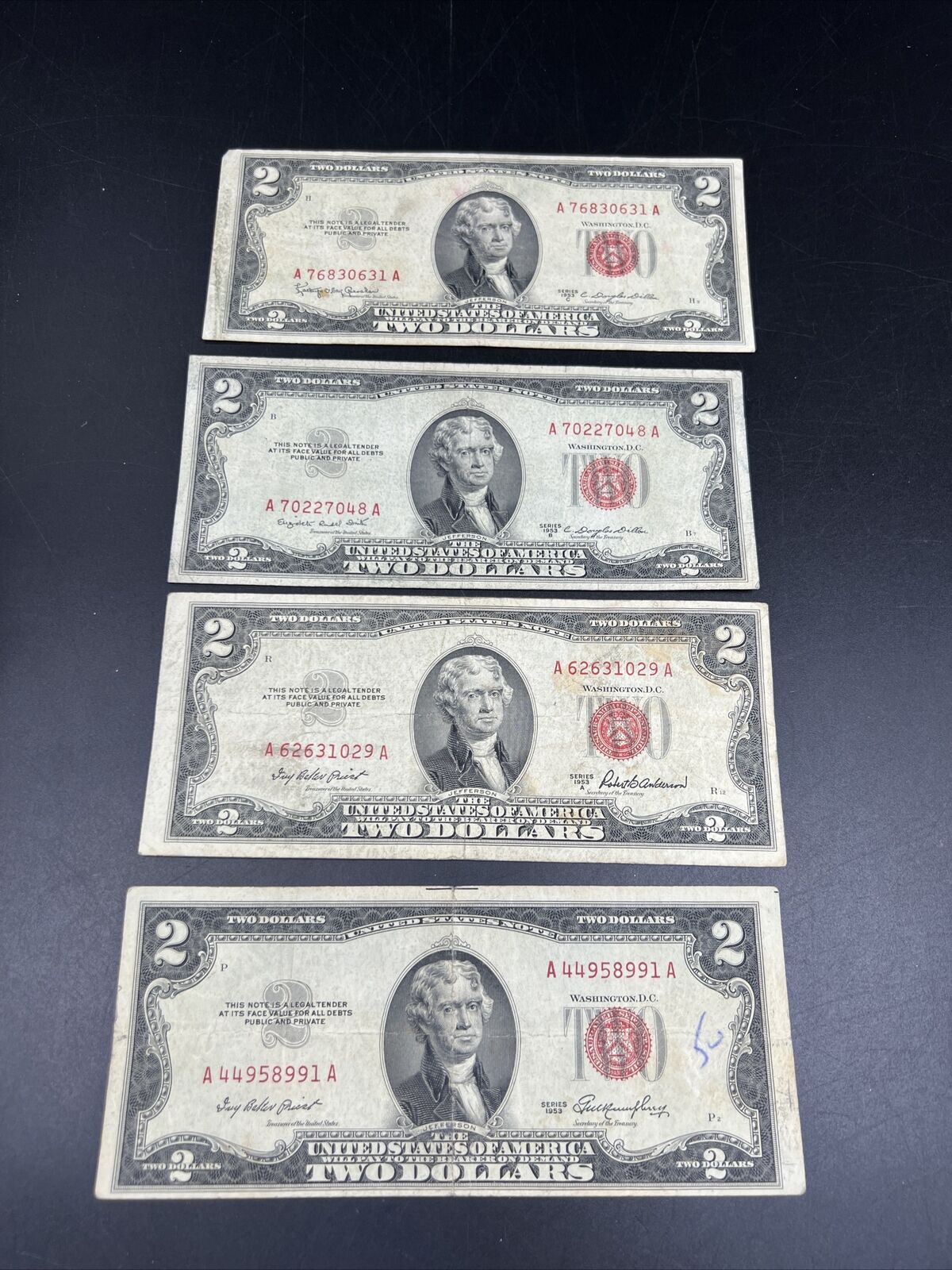 1953 + ABC 4 Note US Legal Tender Letter Set of four Notes VG+ #991