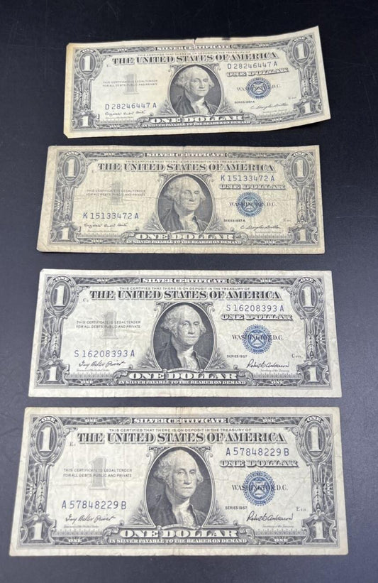 Lot of 4 1957 $1 One Dollar Blue Seal Silver Certificate Note Bills Circ #229