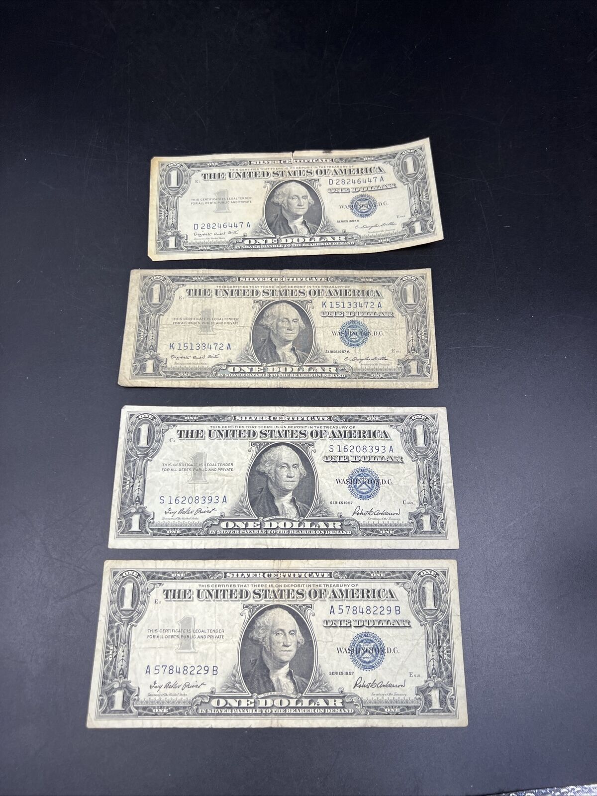 Lot of 4 1957 $1 One Dollar Blue Seal Silver Certificate Note Bills Circ #229