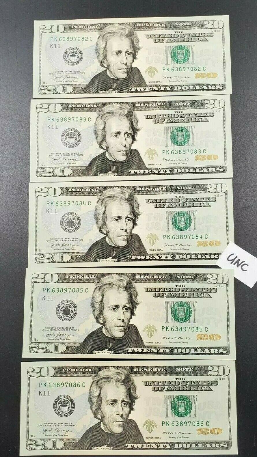 Lot of FIVE CONSECUTIVE SERIAL # 2017 A $20 FRN Federal Reserve Notes CHOICE UNC